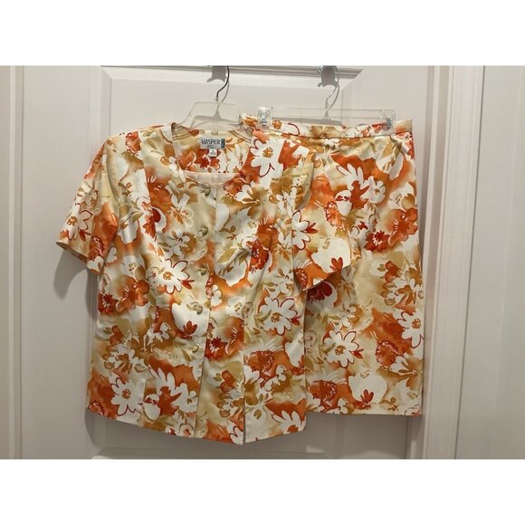 Kasper Skirt Suit Size 12 Women's White Orange Floral Print Short Sleeve - Picture 1 of 9